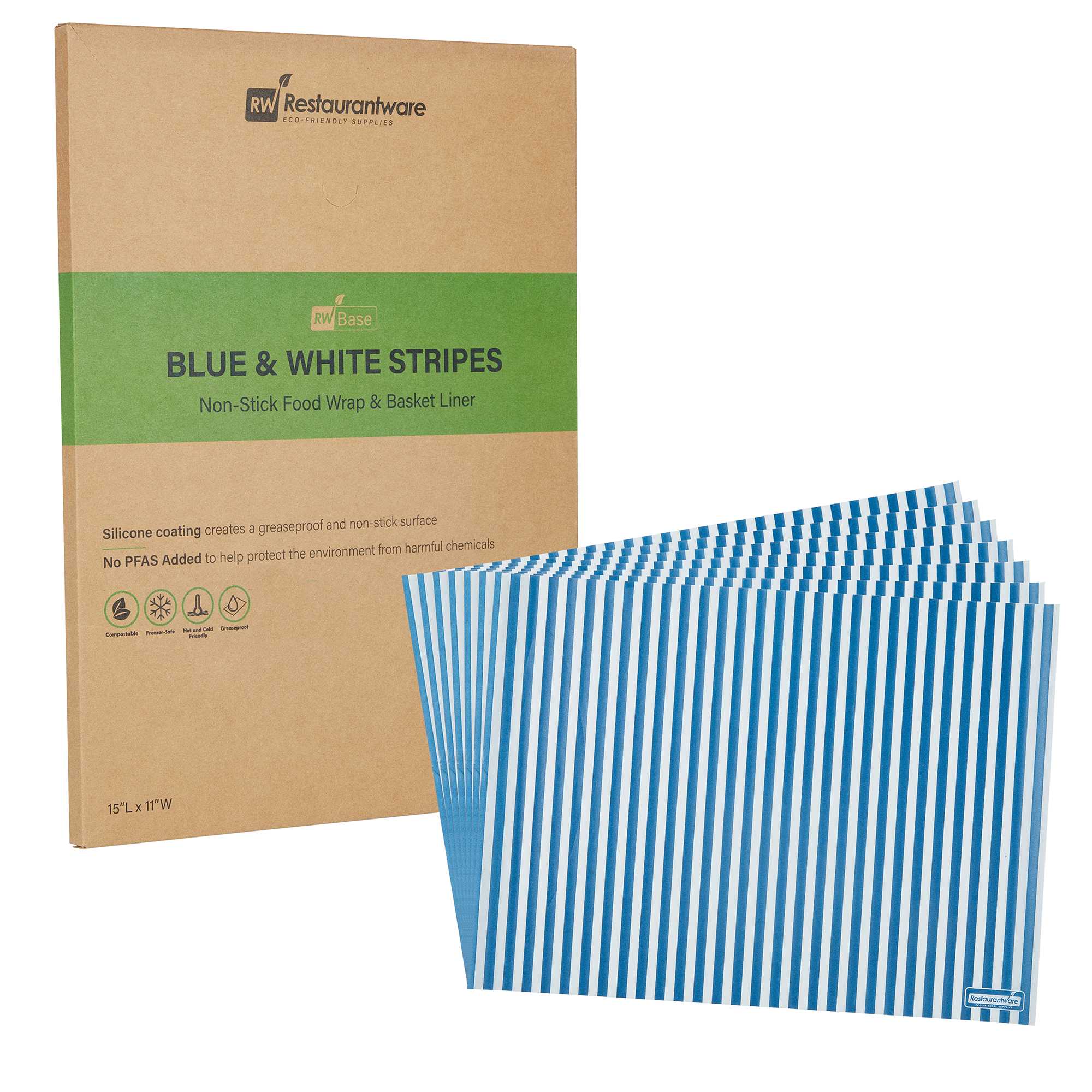 Chef 101 No PFAS Added Blue and White Stripe Paper Food Wrap and Basket Liner - Greaseproof - 15" x 11" - 2000 count box
