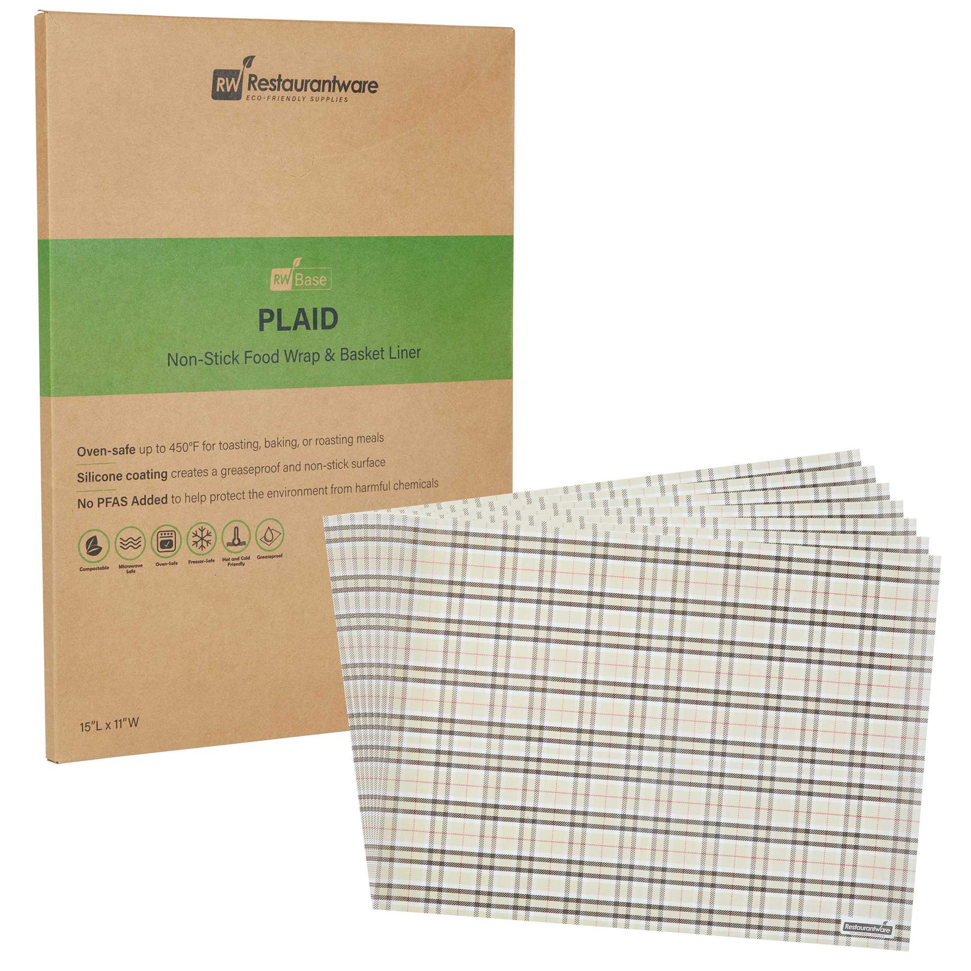 Chef 101 No PFAS Added Plaid Paper Food Wrap and Basket Liner - Greaseproof, Compostable - 15" x 11" - 2000 count box
