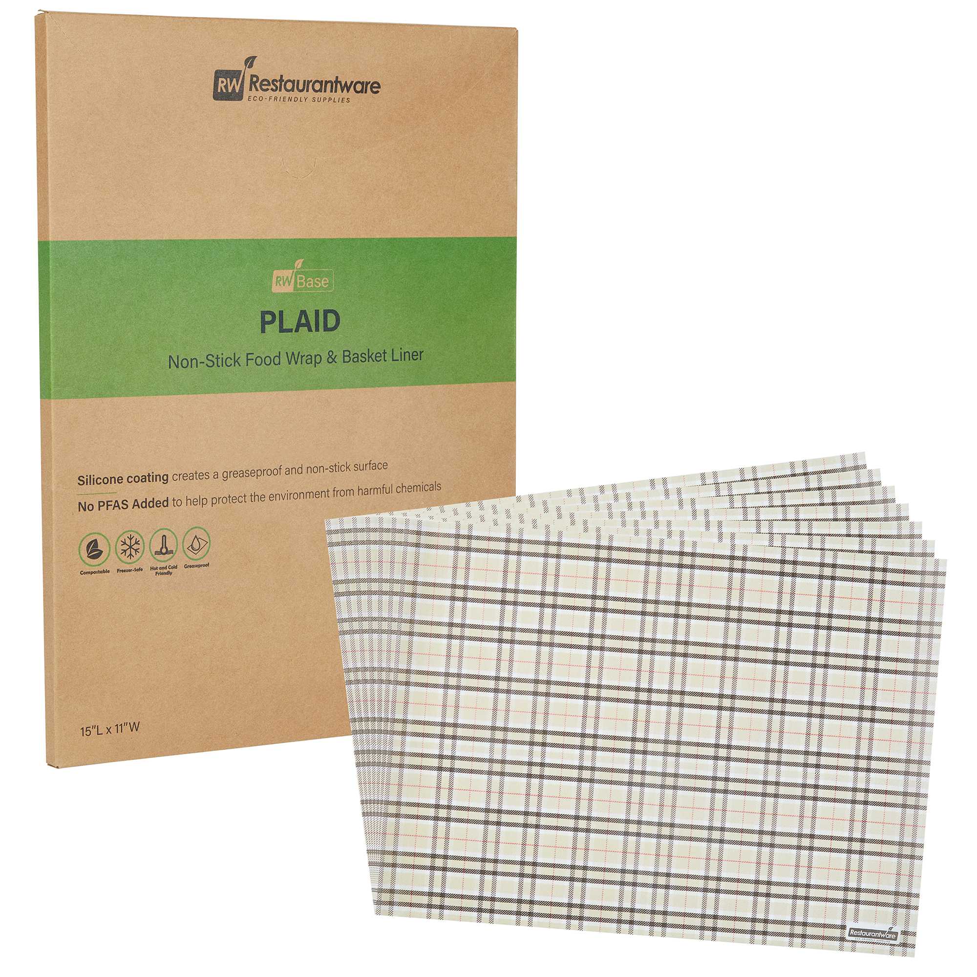 Chef 101 No PFAS Added Plaid Paper Food Wrap and Basket Liner - Greaseproof, Compostable - 15" x 11" - 2000 count box