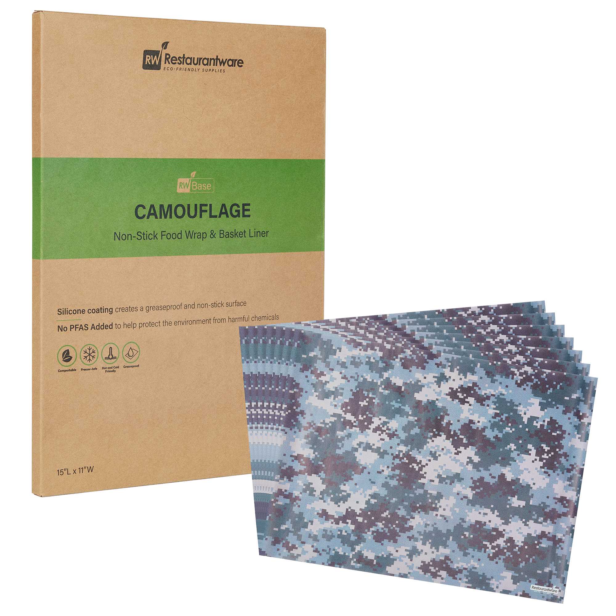 Chef 101 No PFAS Added Camouflage Paper Food Wrap and Basket Liner - Greaseproof, Compostable - 15" x 11" - 2000 count box