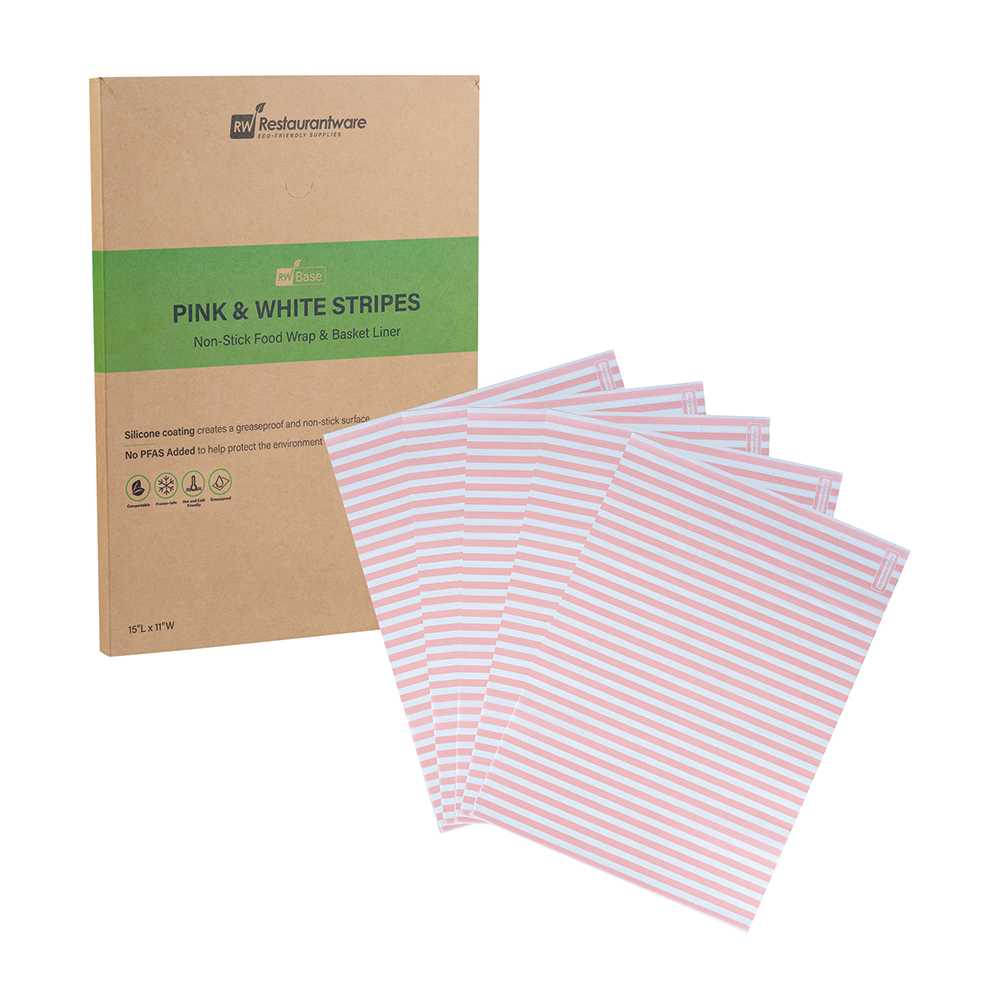 Chef 101 No PFAS Added Pink and White Stripe Paper Food Wrap and Basket Liner - Greaseproof, Compostable - 15" x 11" - 2000 count box