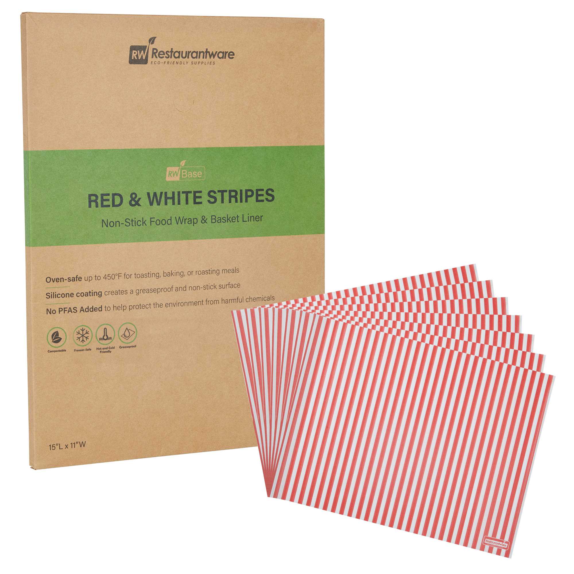 Chef 101 No PFAS Added Red and White Stripe Paper Food Wrap and Basket Liner - Greaseproof, Compostable - 15" x 11" - 2000 count box