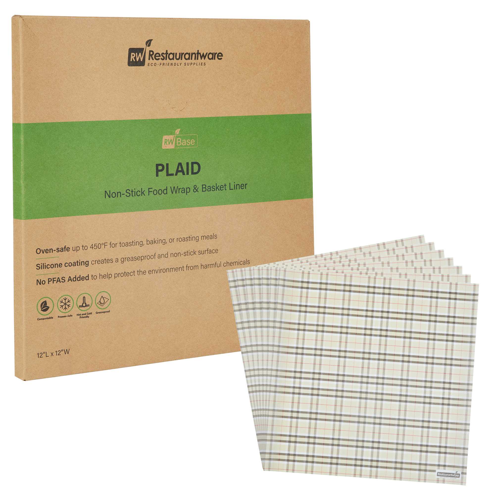 Chef 101 No PFAS Added Plaid Paper Bakery Wrap and Basket Liner - Greaseproof - 12" x 12" - 2000 count box