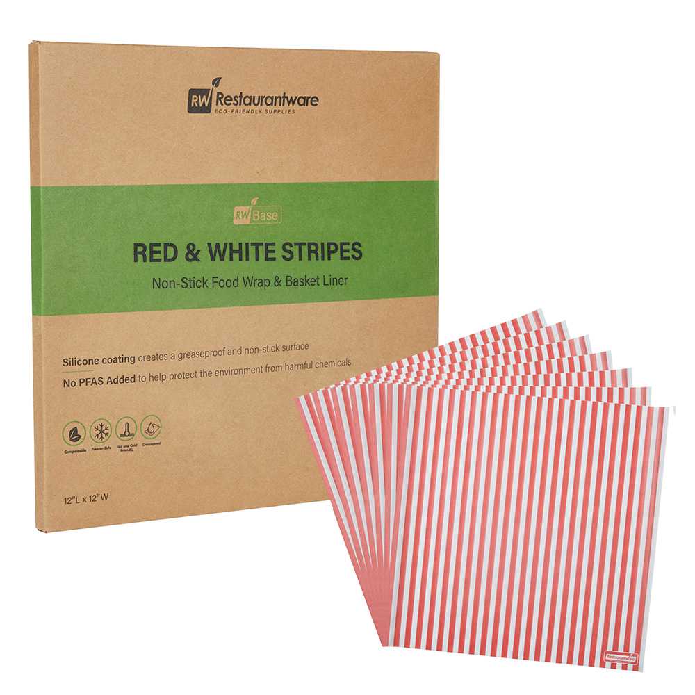 Chef 101 No PFAS Added Red and White Stripe Paper Bakery Wrap and Basket Liner - Greaseproof - 12" x 12" - 2000 count box