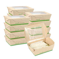 Sustain 28 oz Bamboo Paper Small Bio Take Out Container - with PLA Lining and Windows, Compostable - 6 1/4
