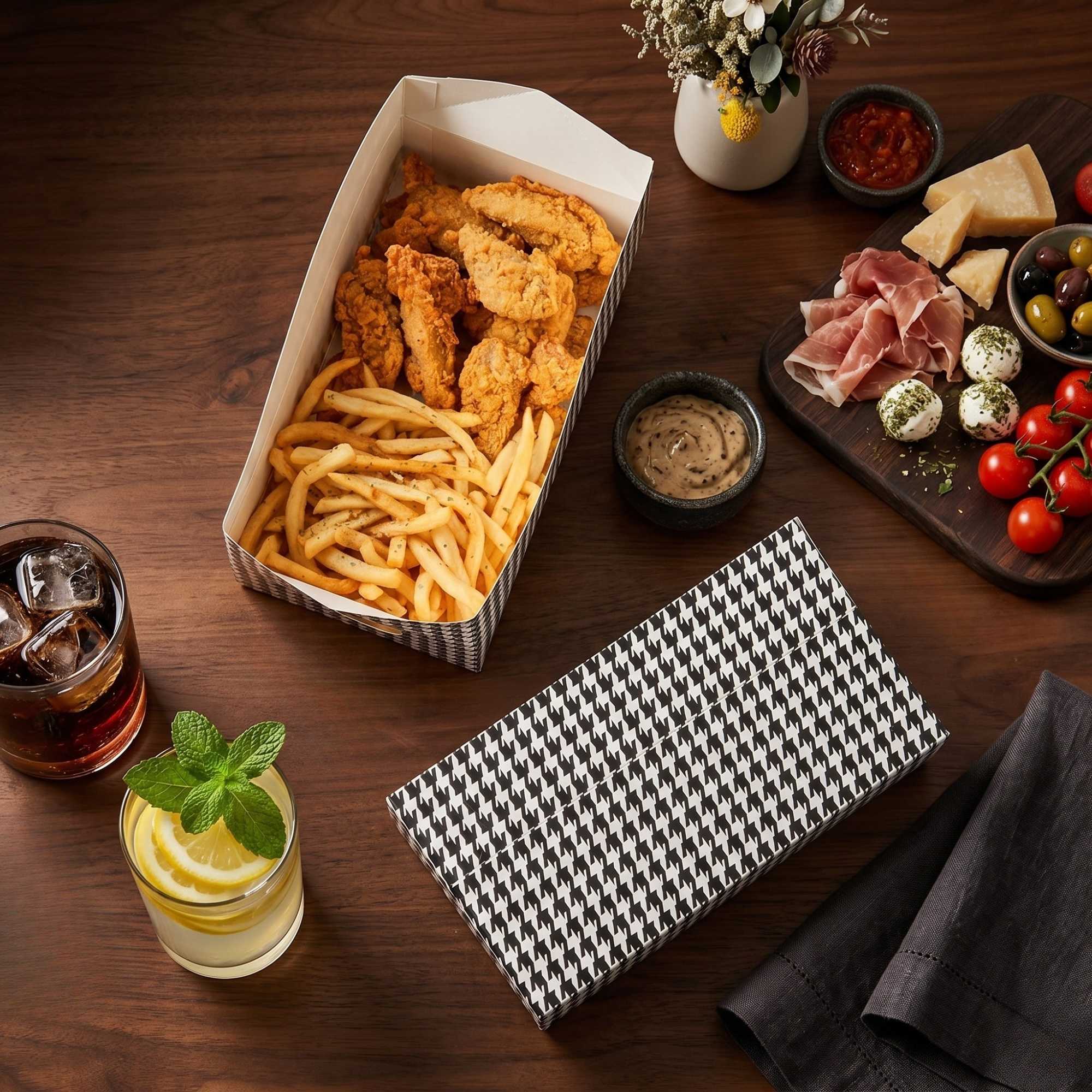 Bio Tek 71 oz Black Houndstooth Paper Lunch / Chicken Box - with Fast Top - 8 3/4" x 5" x 3" - 400 count box