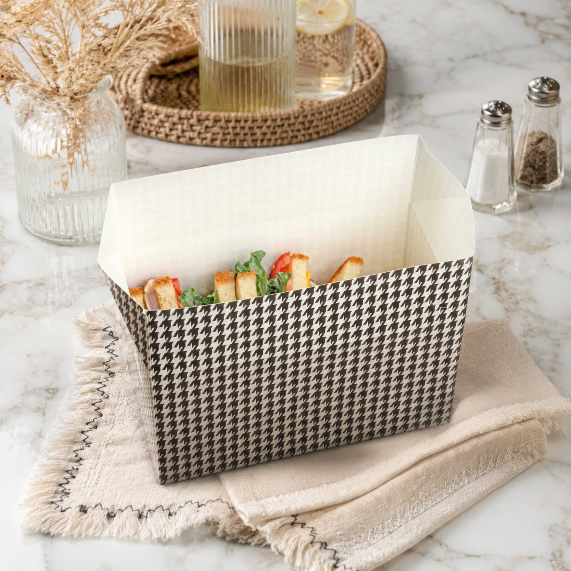 Bio Tek 80 oz Black Houndstooth Paper Lunch / Chicken Box - with Fast Top - 9" x 5" x 5" - 400 count box