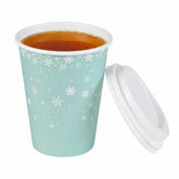 Restpresso 12 oz Blue Christmas Snowflakes Paper Single Wall Coffee Cup - with White Lid - 3 1/2" x 3 1/2" x 4 3/4" - 400 count box