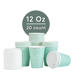 Restpresso 12 oz Blue Christmas Snowflakes Paper Single Wall Coffee Cup - with White Lid - 3 1/2