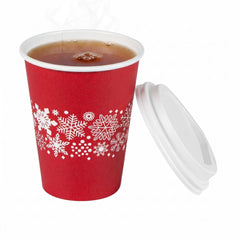Restpresso 12 oz Red Christmas Snowflakes Paper Single Wall Coffee Cup - with White Lid - 3 1/2