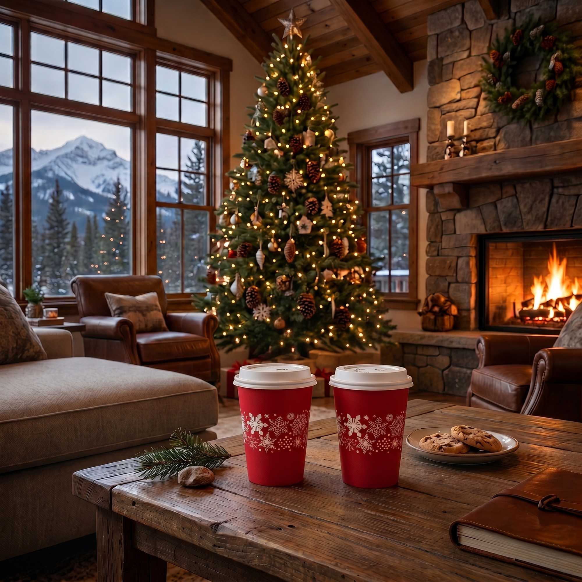 Restpresso 12 oz Red Christmas Snowflakes Paper Single Wall Coffee Cup - with White Lid - 3 1/2" x 3 1/2" x 4 3/4" - 400 count box