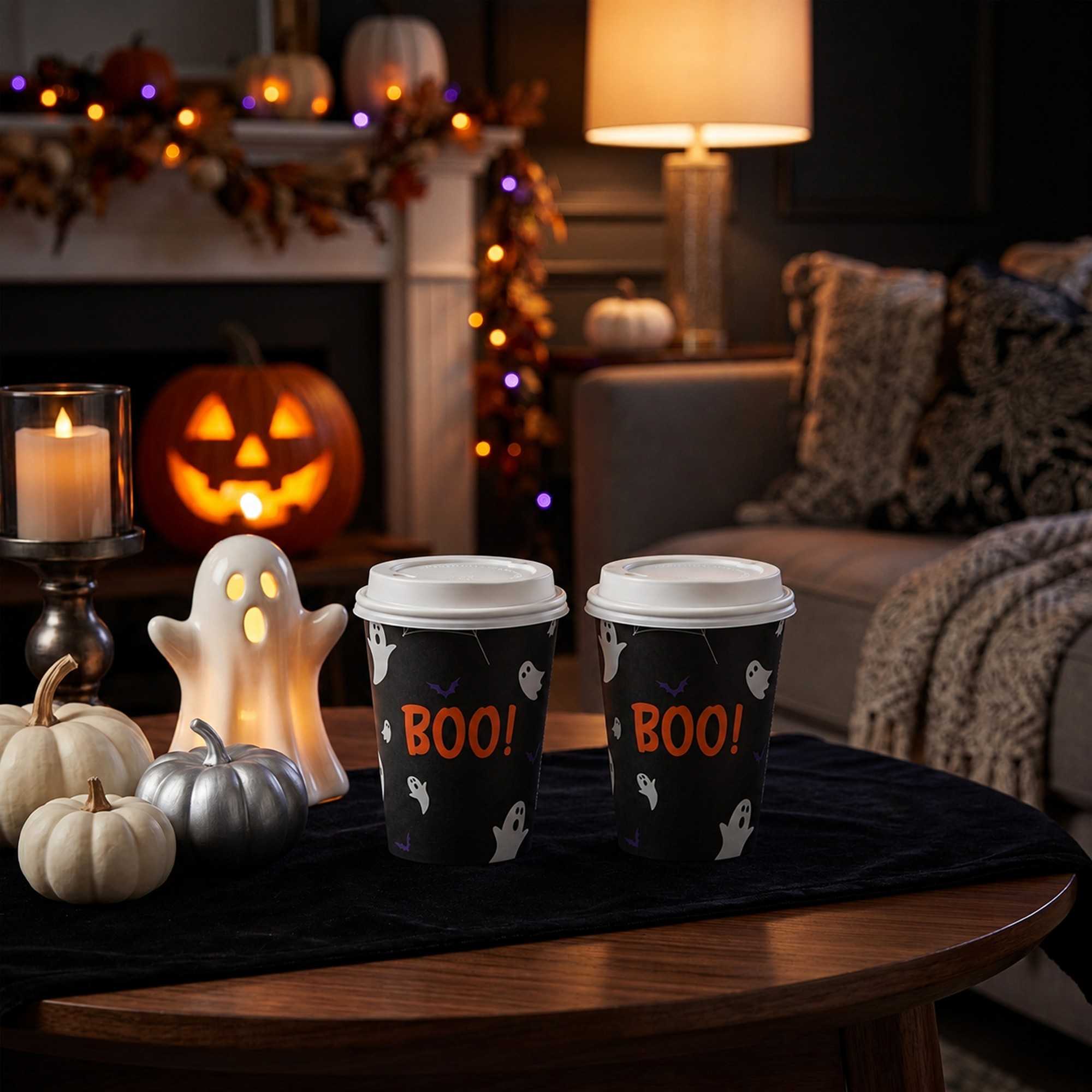 Restpresso 12 oz Halloween Paper Single Wall Coffee Cup - with White Lid - 3 1/2" x 3 1/2" x 4 3/4" - 400 count box
