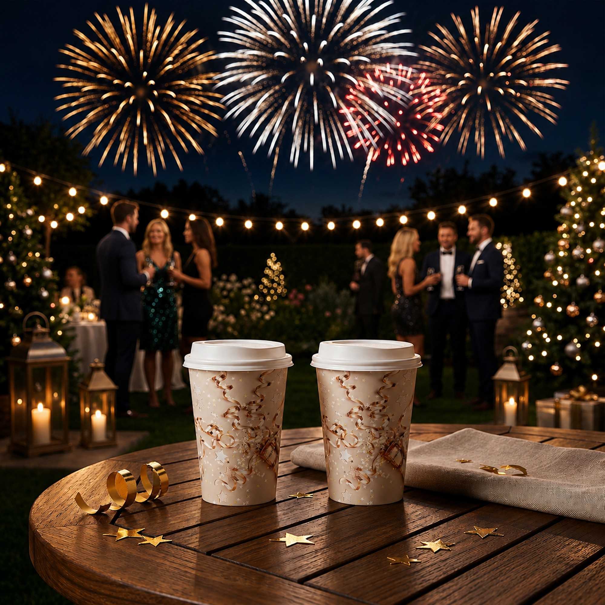 Restpresso 12 oz New Year's Eve Paper Single Wall Coffee Cup - with White Lid - 3 1/2" x 3 1/2" x 4 3/4" - 400 count box