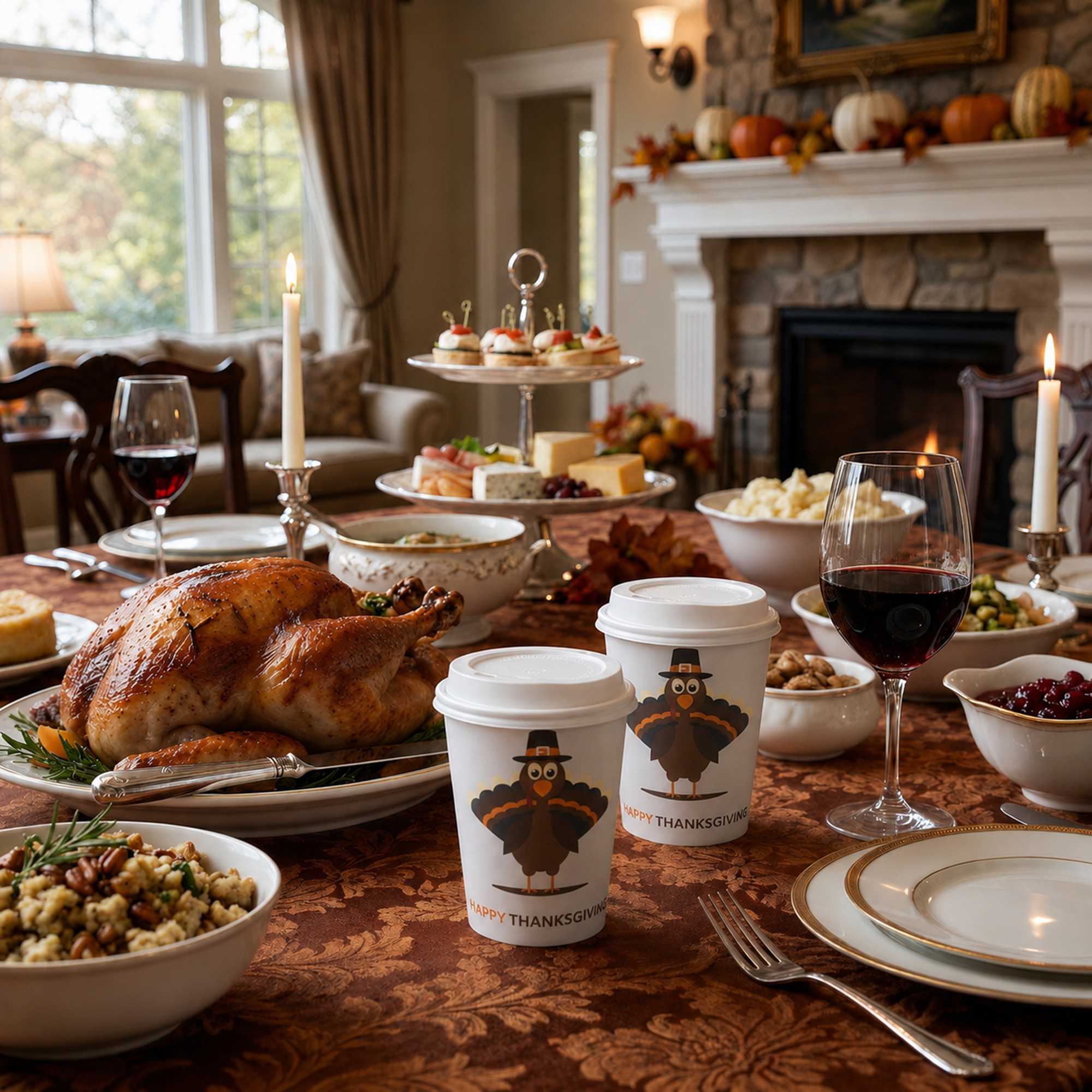 Restpresso 12 oz Happy Thanksgiving Paper Single Wall Coffee Cup - with White Lid - 3 1/2" x 3 1/2" x 4 3/4" - 400 count box