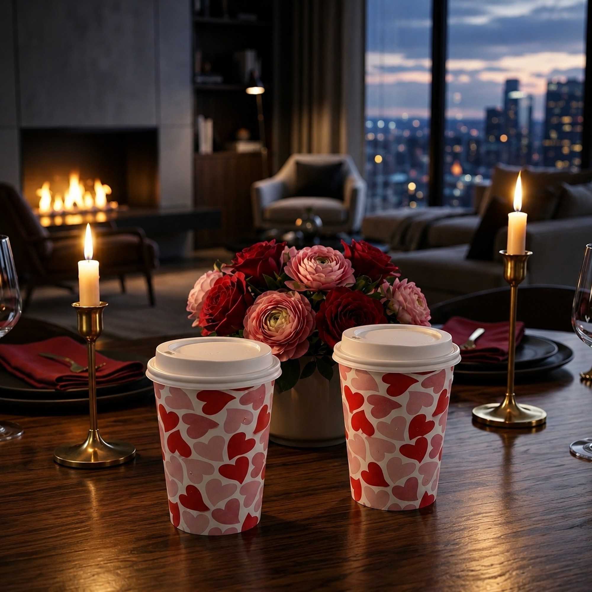 Restpresso 12 oz Valentine's Day Paper Single Wall Coffee Cup - with White Lid - 3 1/2" x 3 1/2" x 4 3/4" - 400 count box