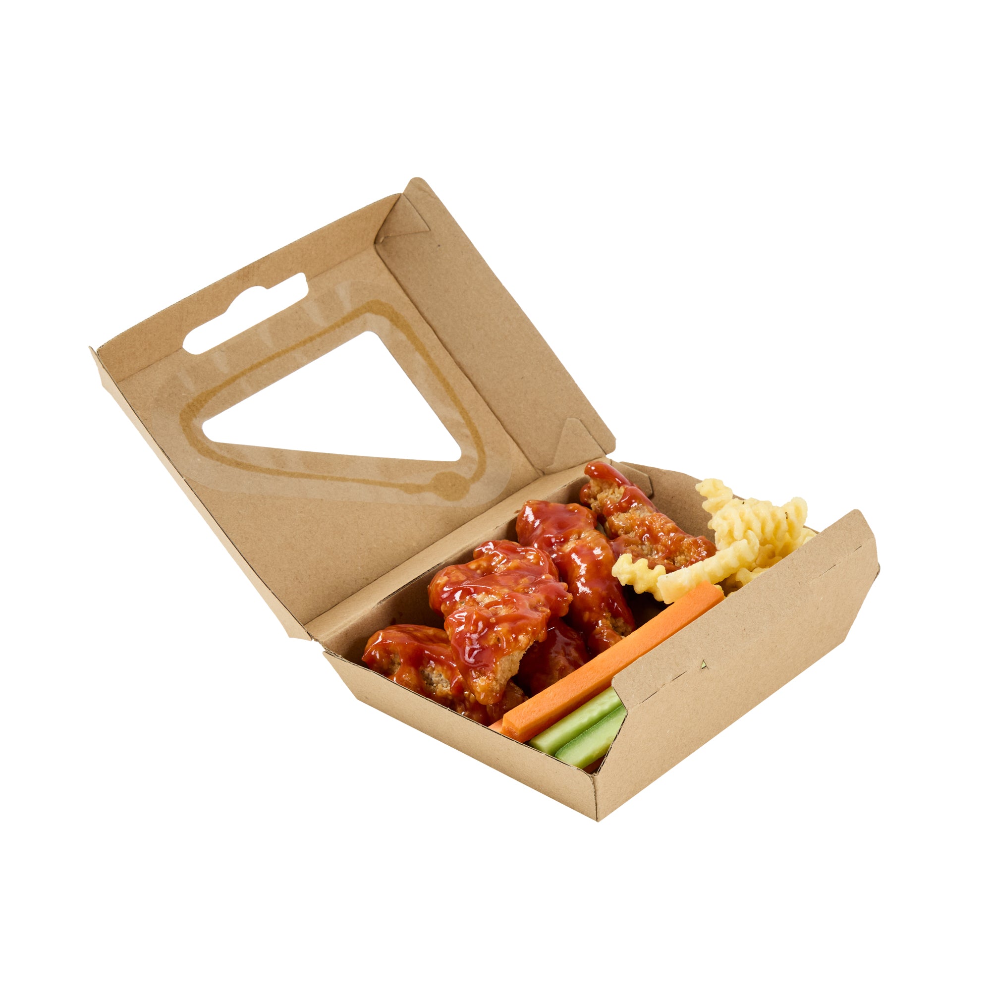 Eco Tek Square Kraft Paper Corrugated Clamshell Container - with PLA Window - 4" x 5" x 2" - 100 count box