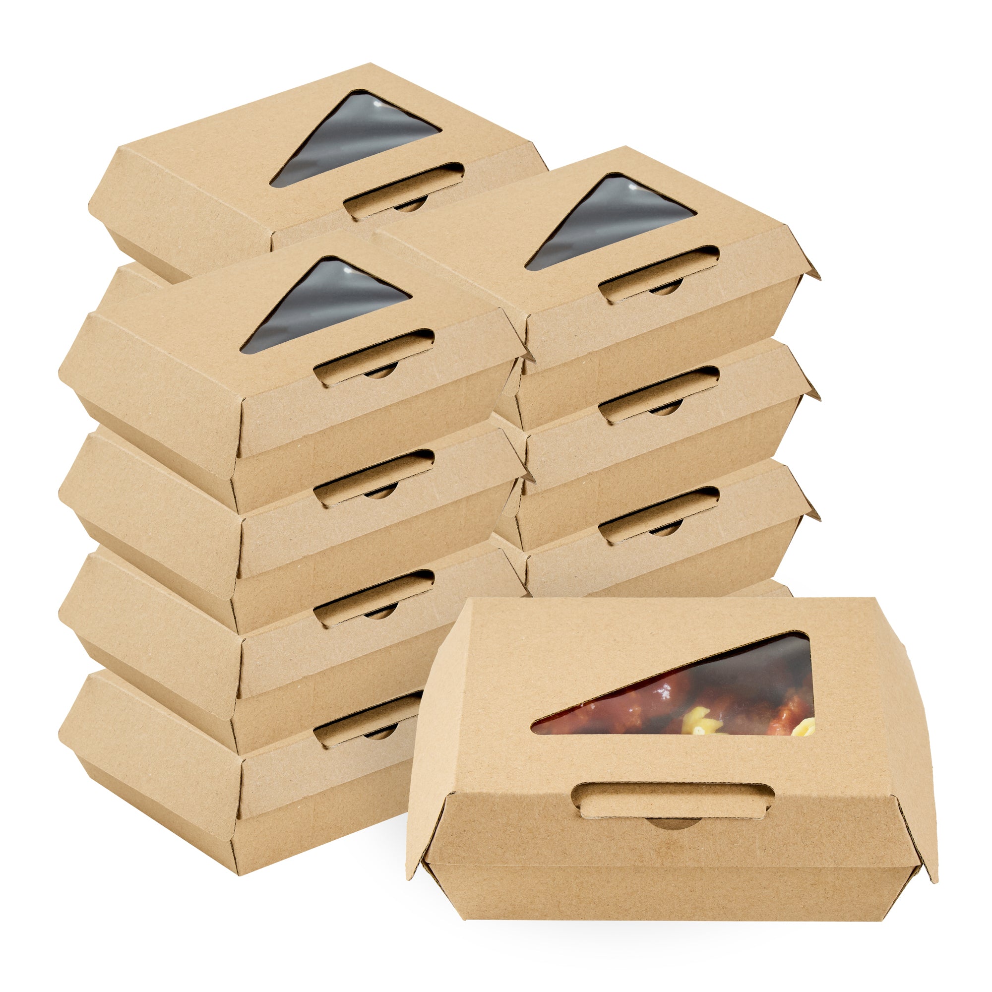 Eco Tek Square Kraft Paper Corrugated Clamshell Container - with PLA Window - 4" x 5" x 2" - 100 count box