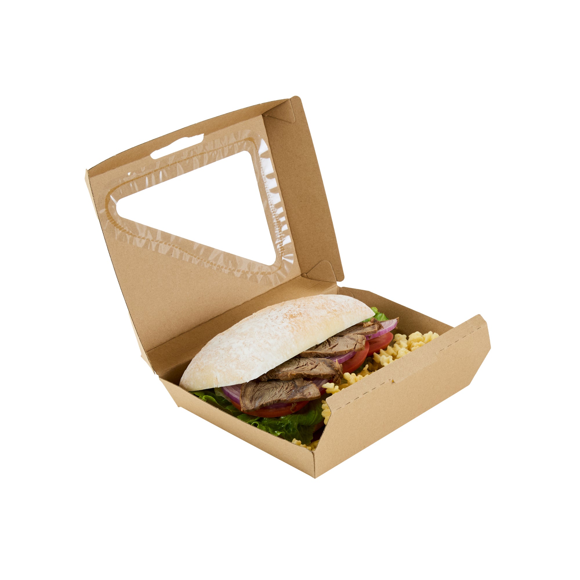 Eco Tek Rectangle Kraft Paper Corrugated Clamshell Container - with PLA Window - 6" x 7 3/4" x 2 3/4" - 100 count box