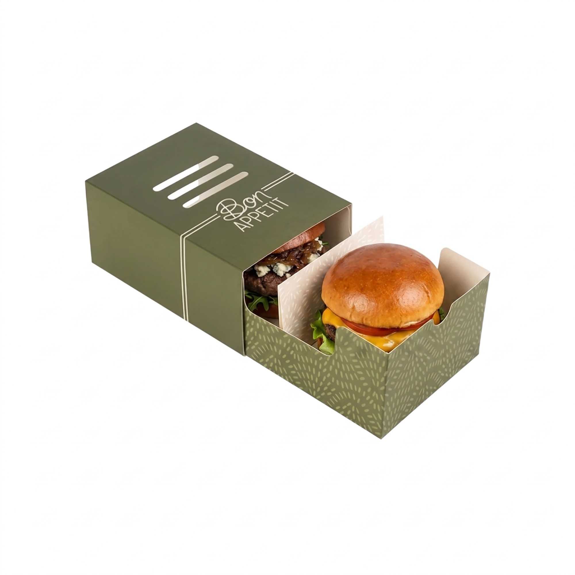 Cater Tek Rectangle Green Paper Burger Tray - with Cover and Divider - 8 1/4" x 5 3/4" x 3 3/4" - 100 count box