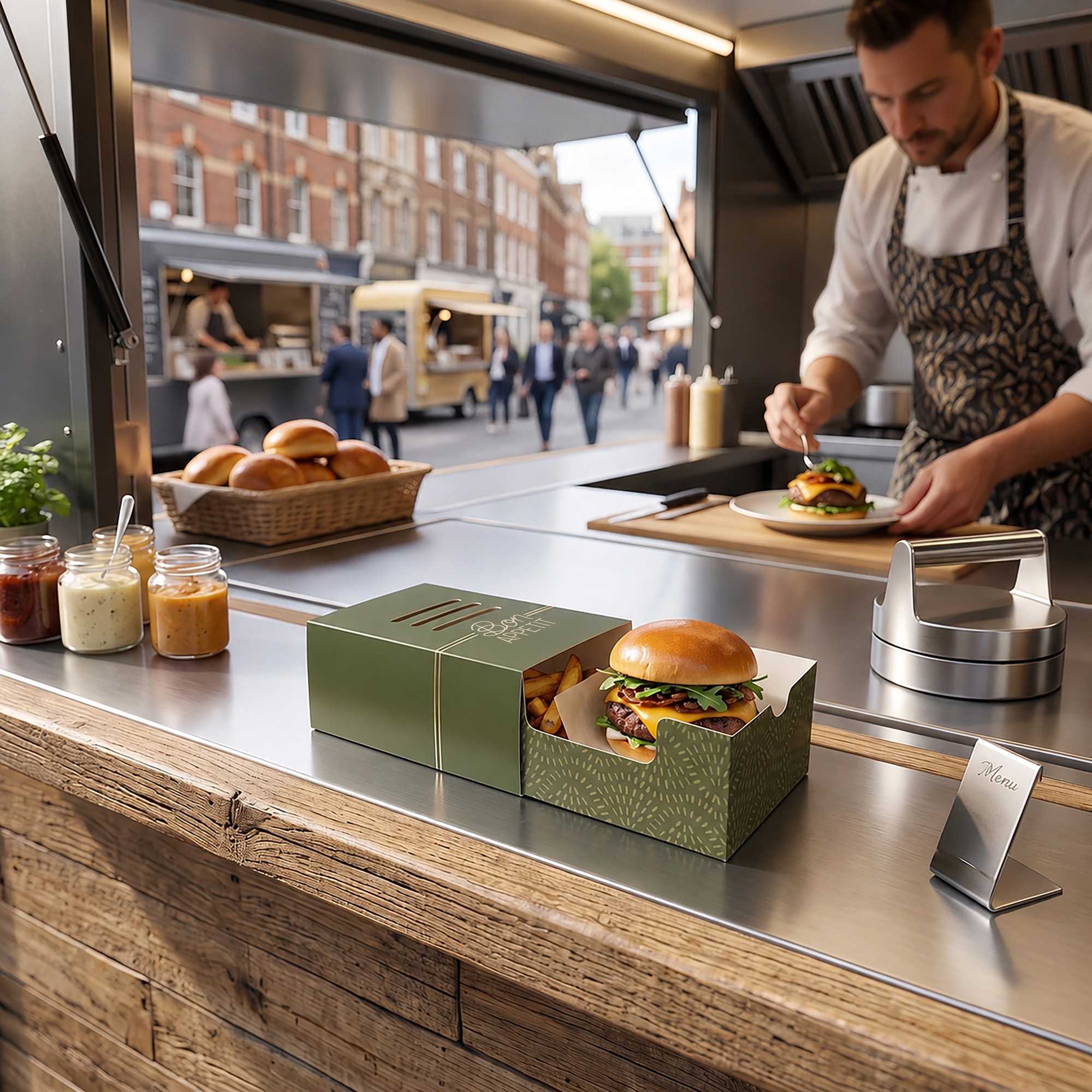 Cater Tek Rectangle Green Paper Burger Tray - with Cover and Divider - 8 1/4" x 5 3/4" x 3 3/4" - 100 count box