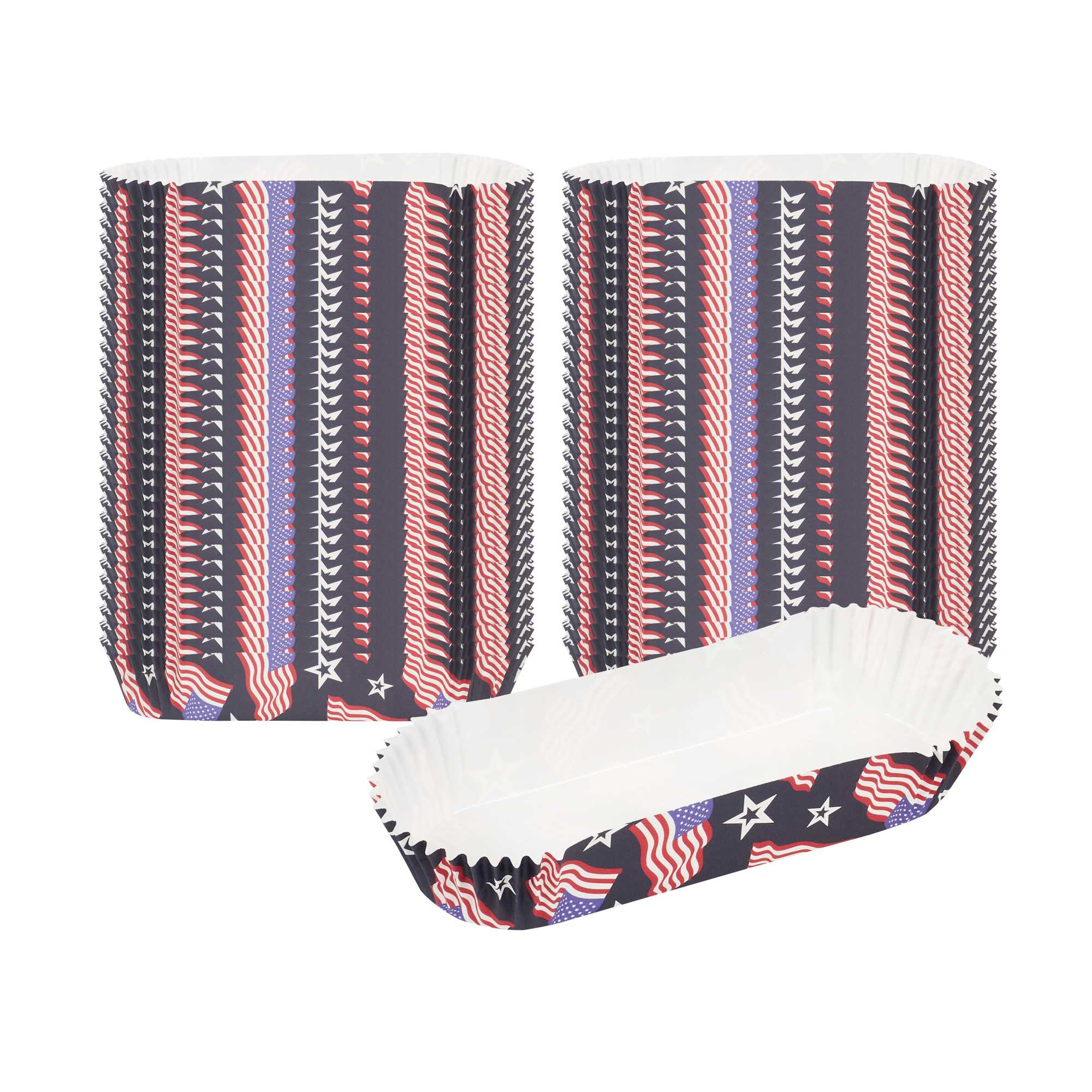 Panificio 6.8 oz Elliptical Paper Baking Cup - American Flag, Ridged, Greaseproof - 5 1/2" x 2" x 1" - 200 count box