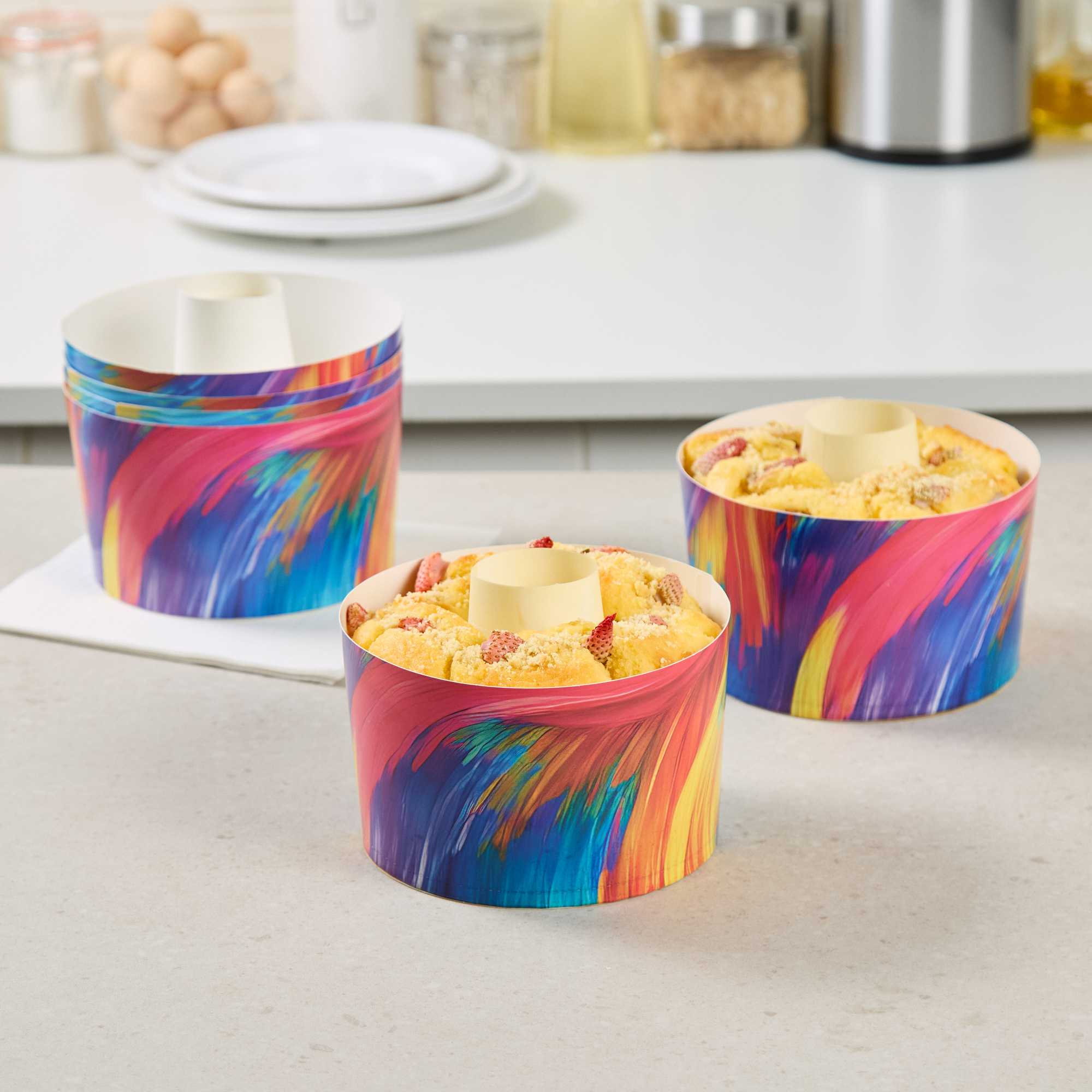 Panificio 53 oz Paper Angel Food Tube Pan - Colorful Abstract Waves, Greaseproof - 6 1/4" x 6 1/4" x 3 3/4" - 100 count box