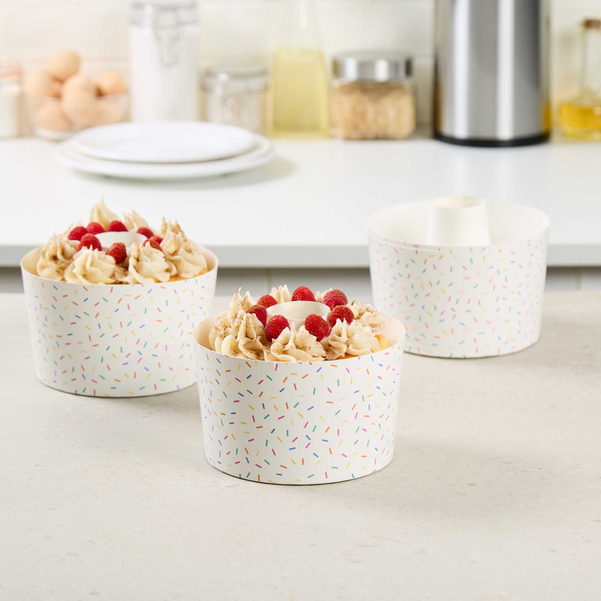 Panificio 53 oz Paper Angel Food Tube Pan - Colorful Confetti, Greaseproof - 6 1/4" x 6 1/4" x 3 3/4" - 100 count box