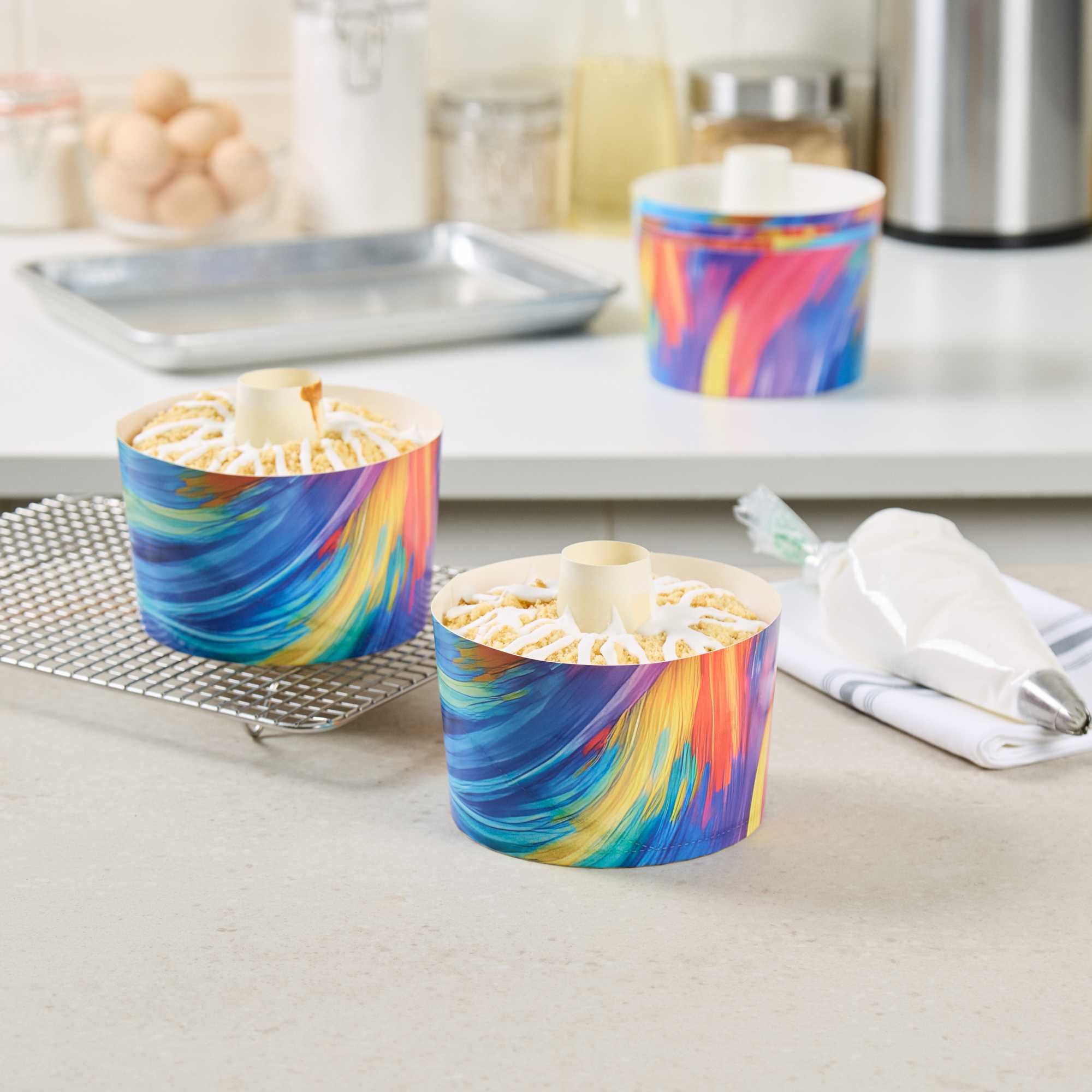 Panificio 38 oz Paper Angel Food Tube Pan - Colorful Abstract Waves, Greaseproof - 5 3/4" x 5 3/4" x 3 1/2" - 100 count box