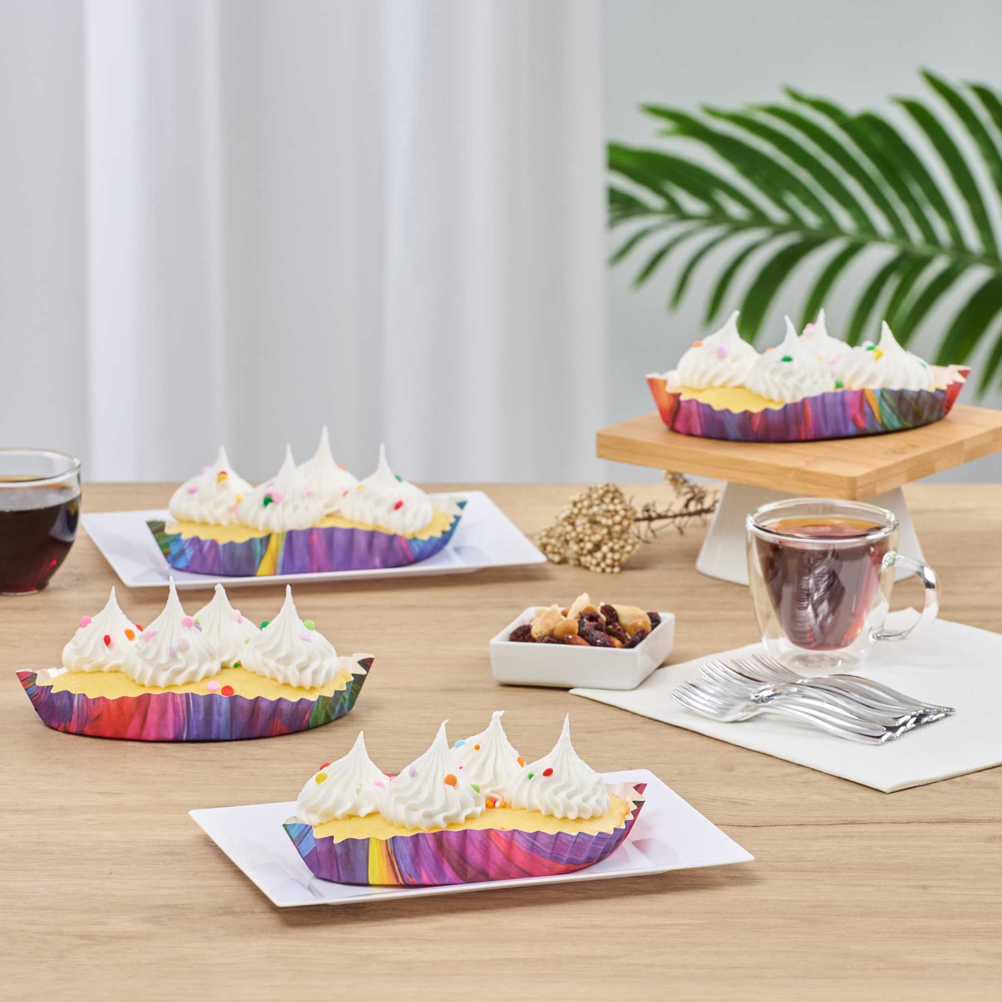 Panificio 5.4 oz Leaf Paper Baking Cup - Colorful Abstract Waves, Ridged, Greaseproof - 5" x 3 1/4" - 200 count box