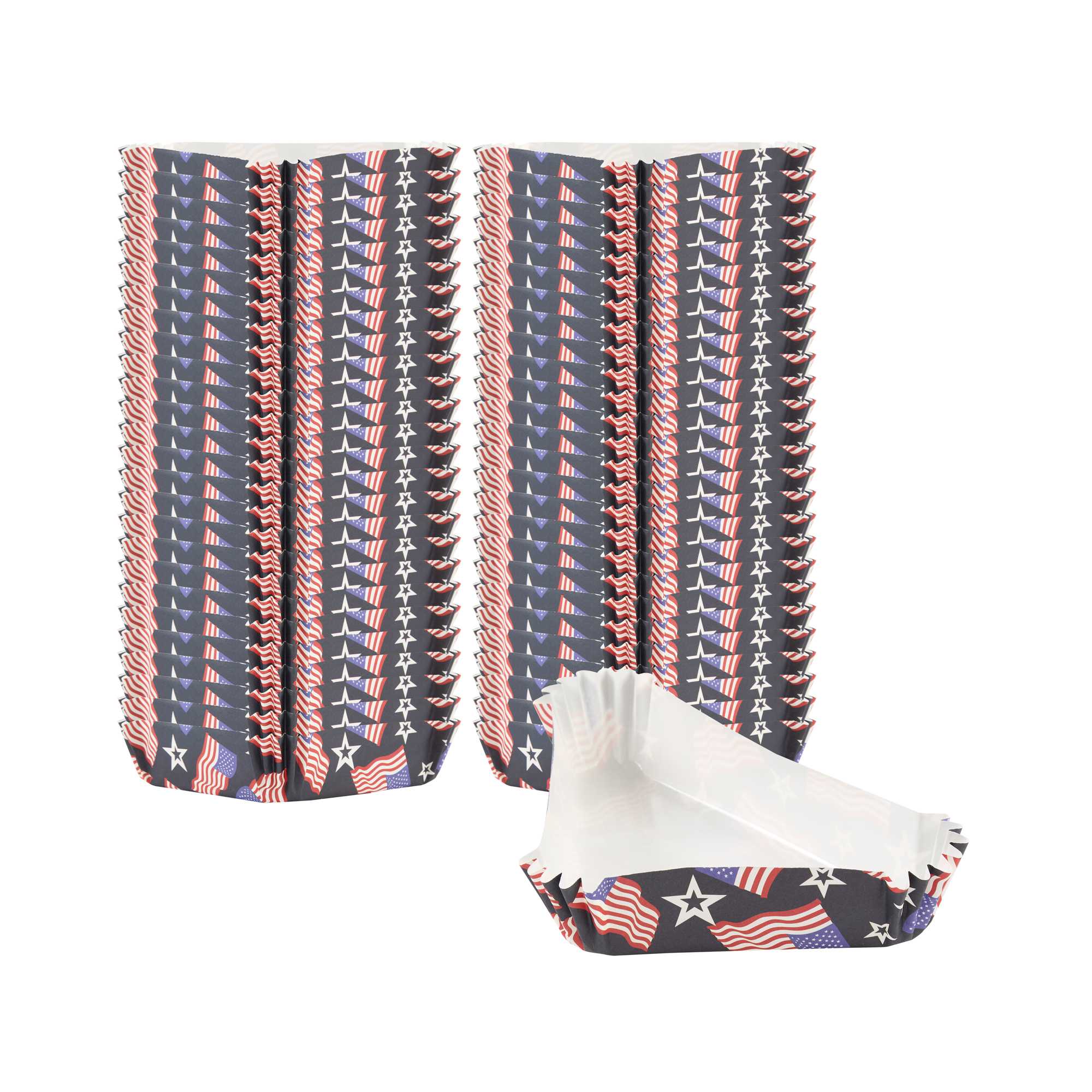 Panificio 6.8 oz Triangle Paper Baking Cup - American Flag, Ridged, Greaseproof - 5" x 3" x 1 1/4" - 200 count box