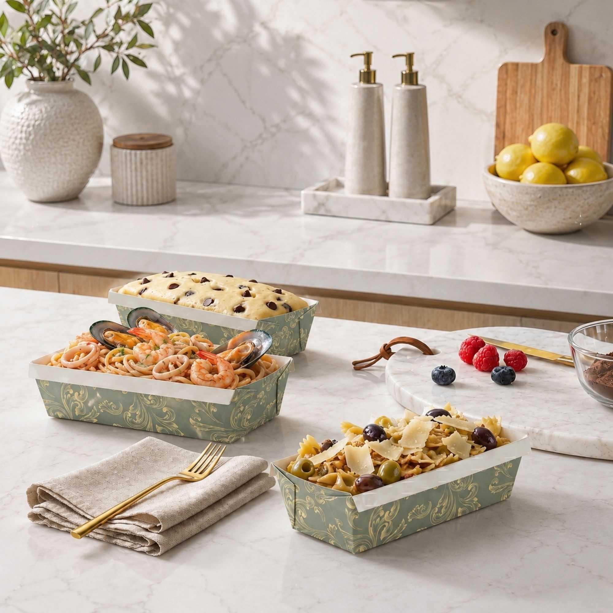 Bake Tek 13 oz Dark Green Vintage Floral Paper Baking Loaf Pan - Greaseproof - 7" x 3 1/4" x 2" - 100 count box