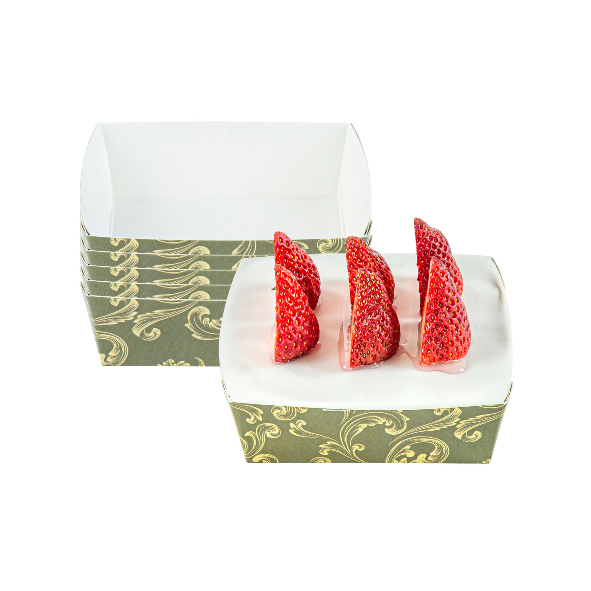 Bake Tek 8 oz Dark Green Vintage Floral Paper Baking Tray - Greaseproof - 4 1/4" x 4 1/4" x 1 1/2" - 100 count box