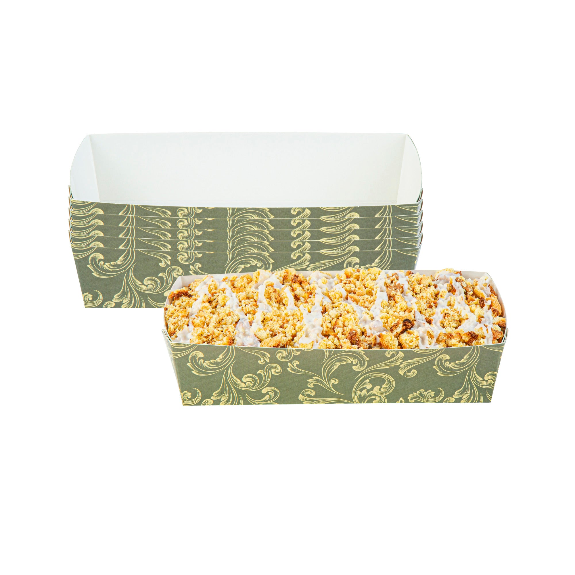 Bake Tek 14 oz Dark Green Vintage Floral Paper Baking Tray - Greaseproof - 7 3/4" x 3 1/2" x 1 3/4" - 100 count box