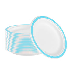 Pulp Safe No PFAS Added Round White Sugarcane / Bagasse Plate - Home Compostable, with Blue Rim - 6