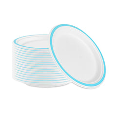 Pulp Safe No PFAS Added Round White Sugarcane / Bagasse Plate - Home Compostable, with Blue Rim - 8 3/4