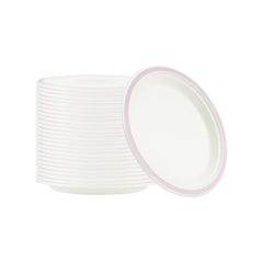 Pulp Safe No PFAS Added Round White Sugarcane / Bagasse Plate - Home Compostable, with Pink Rim - 8 3/4