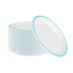 Pulp Safe No PFAS Added Round White Sugarcane / Bagasse Plate - Home Compostable, with Blue Rim - 10 1/4