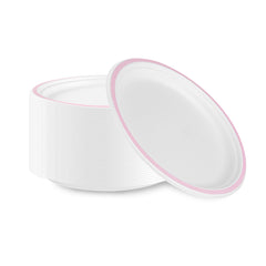 Pulp Safe No PFAS Added Round White Sugarcane / Bagasse Plate - Home Compostable, with Pink Rim - 10 1/4