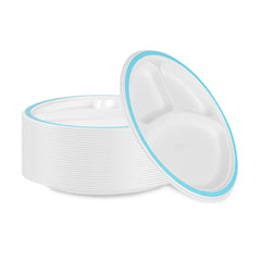 Pulp Safe No PFAS Added Round White Sugarcane/Bagasse Plate - 3 Compartments, Home Compostable, Blue Rim - 10 1/4