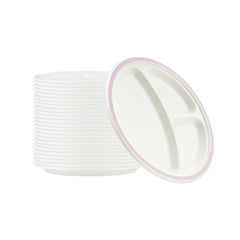 Pulp Safe No PFAS Added Round White Sugarcane/Bagasse Plate - 3 Compartments, Home Compostable, Pink Rim - 10 1/4