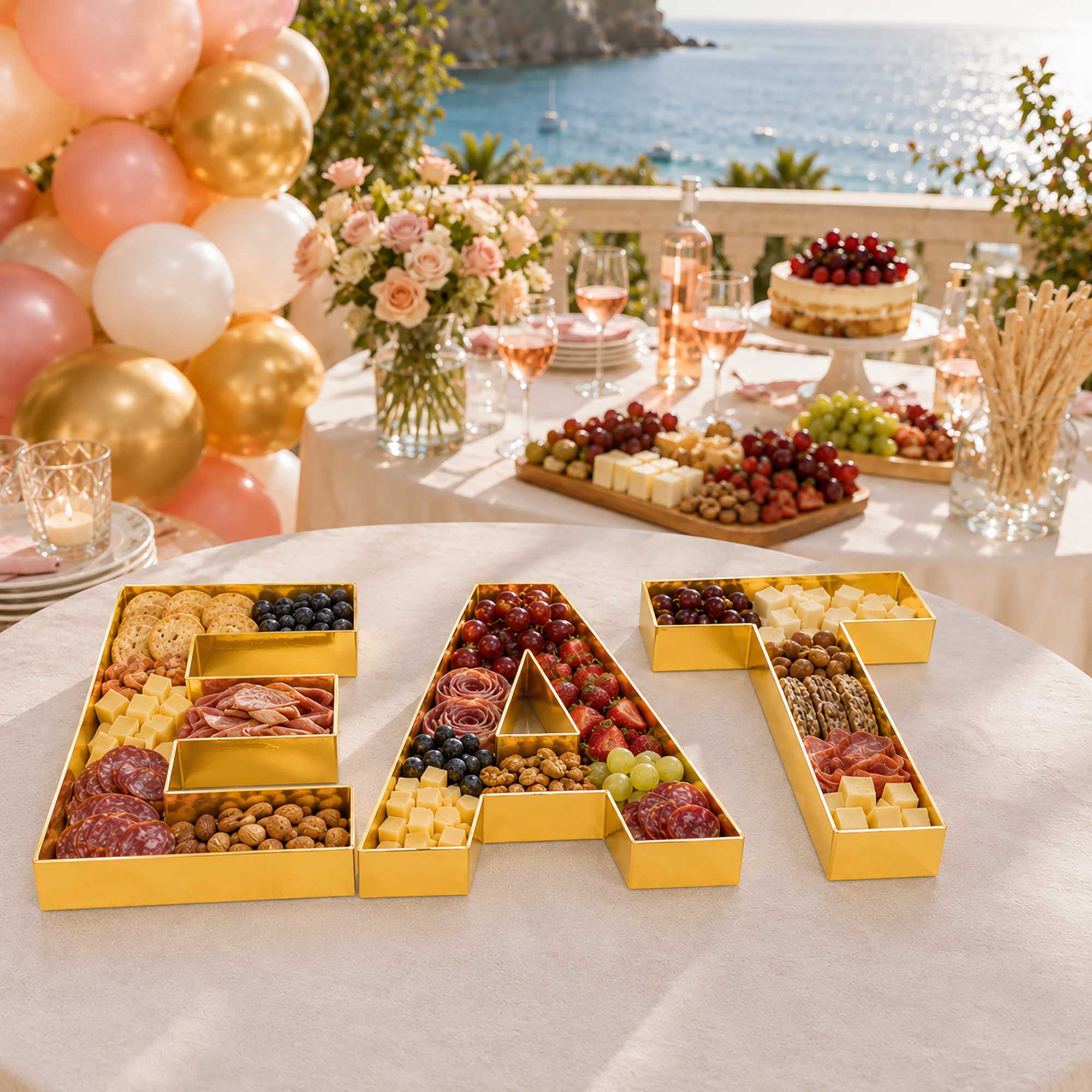 Chef 101 Gold Paper Charcuterie Fillable EAT Letter Trays - 12 1/2" x 12" x 4 3/4" - 1 count box