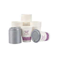 Restpresso 12 oz Pink Paper Insulated Hot Cup - Ok, But First Coffee, with Gray Lid - 400 count box