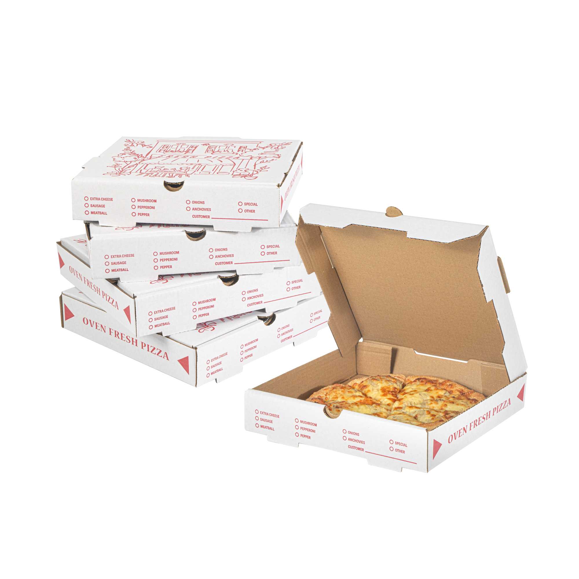 Pizzaly White and Red Corrugated Pizza Box - Pizzeria Doodle Print - 10" x 10" x 1 3/4" - 50 count box