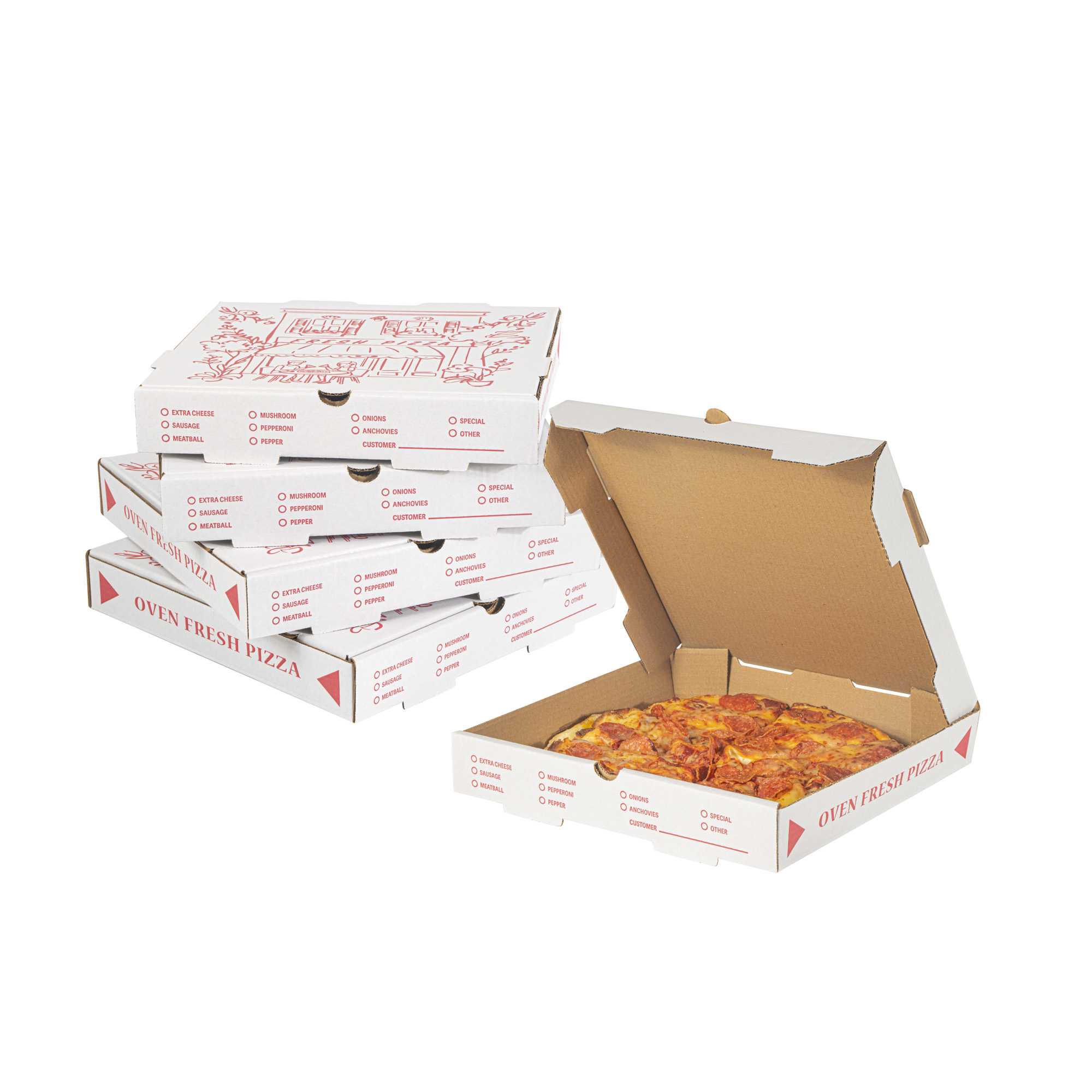 Pizzaly White and Red Corrugated Pizza Box - Pizzeria Doodle Print - 12" x 12" x 1 3/4" - 50 count box