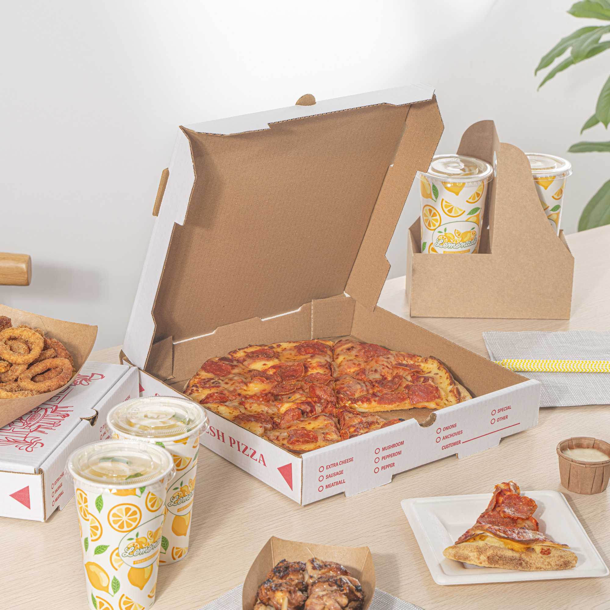 Pizzaly White and Red Corrugated Pizza Box - Pizzeria Doodle Print - 12" x 12" x 1 3/4" - 50 count box