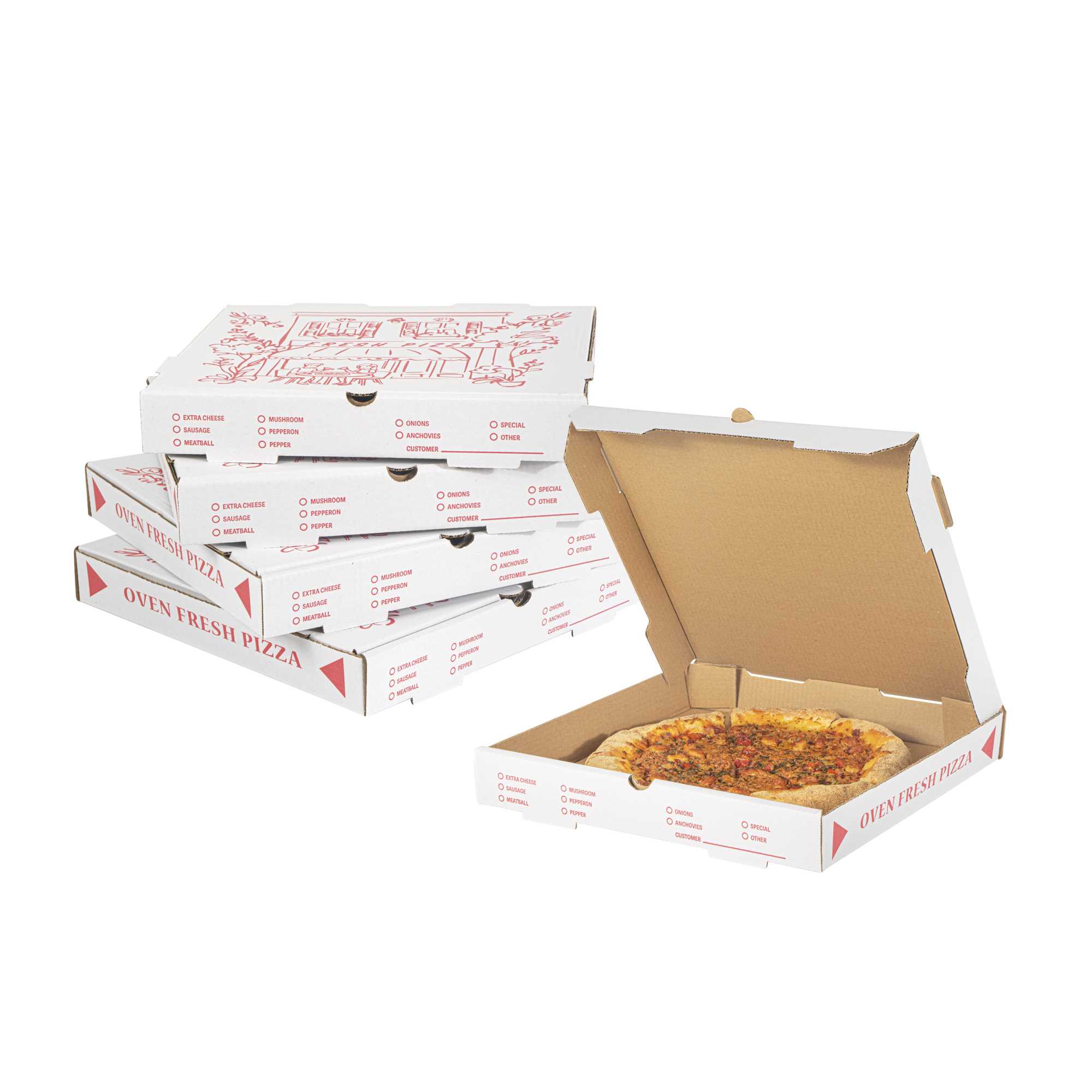 Pizzaly White and Red Corrugated Pizza Box - Pizzeria Doodle Print - 14" x 14" x 1 3/4" - 50 count box