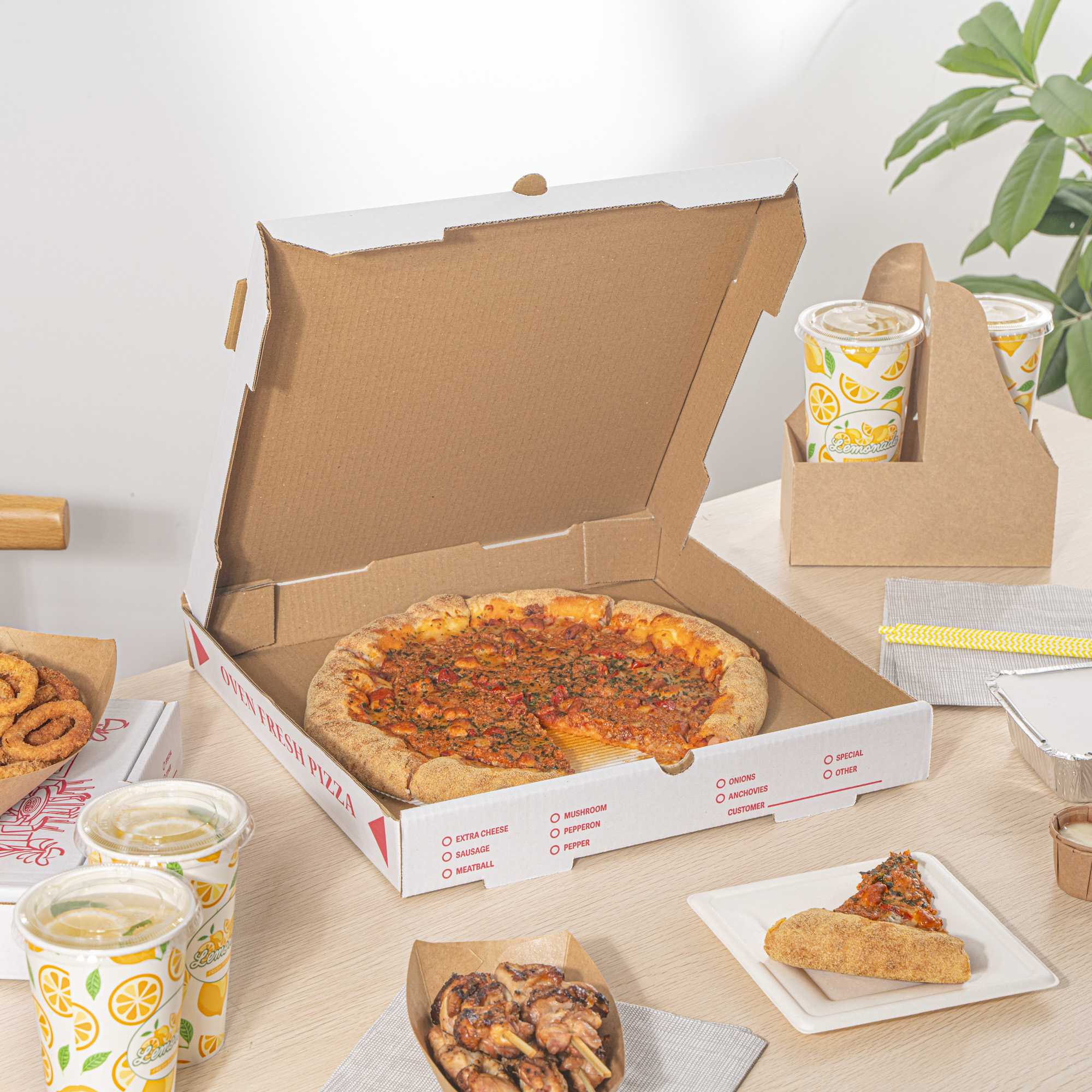 Pizzaly White and Red Corrugated Pizza Box - Pizzeria Doodle Print - 14" x 14" x 1 3/4" - 50 count box