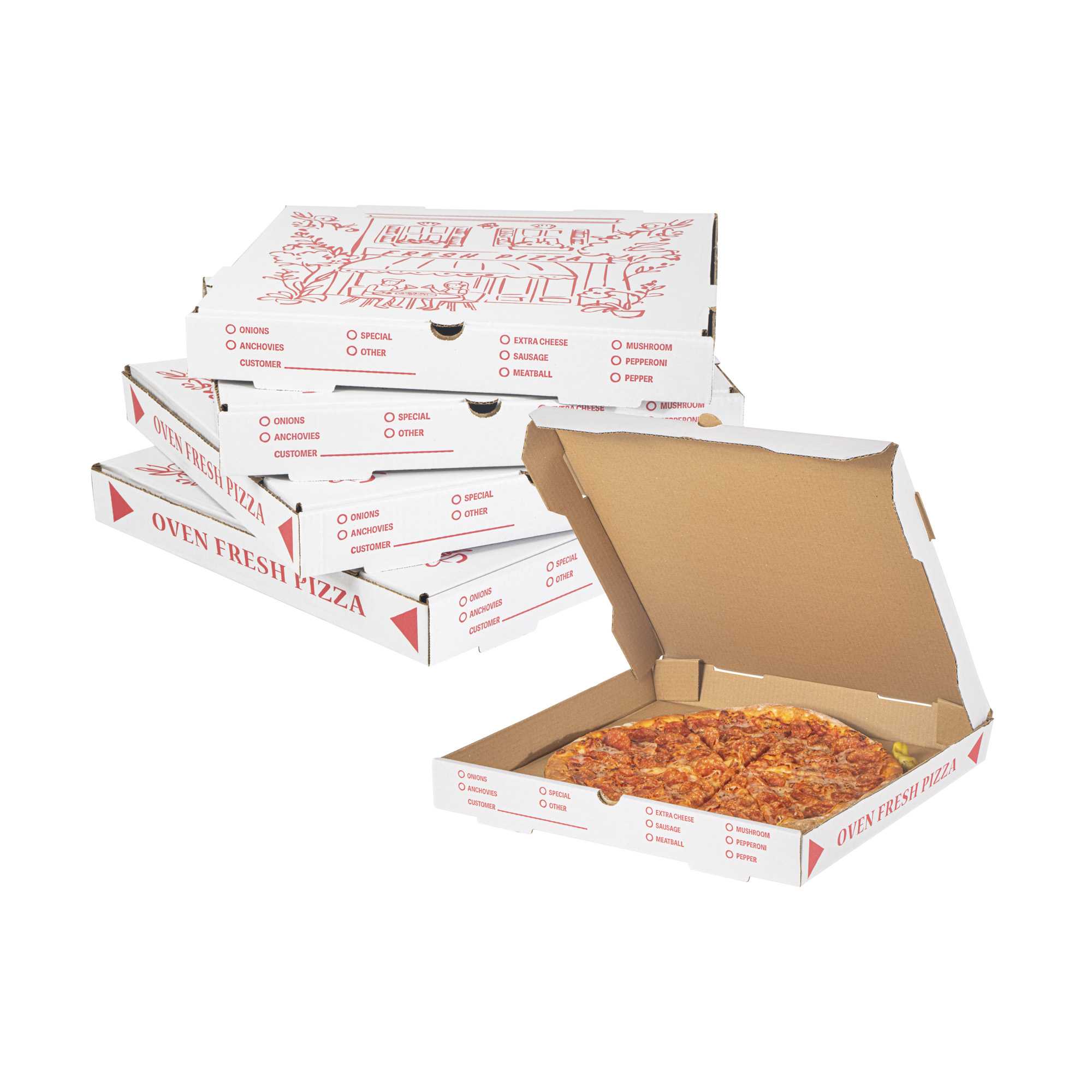 Pizzaly White and Red Corrugated Pizza Box - Pizzeria Doodle Print - 16" x 16" x 1 3/4" - 50 count box