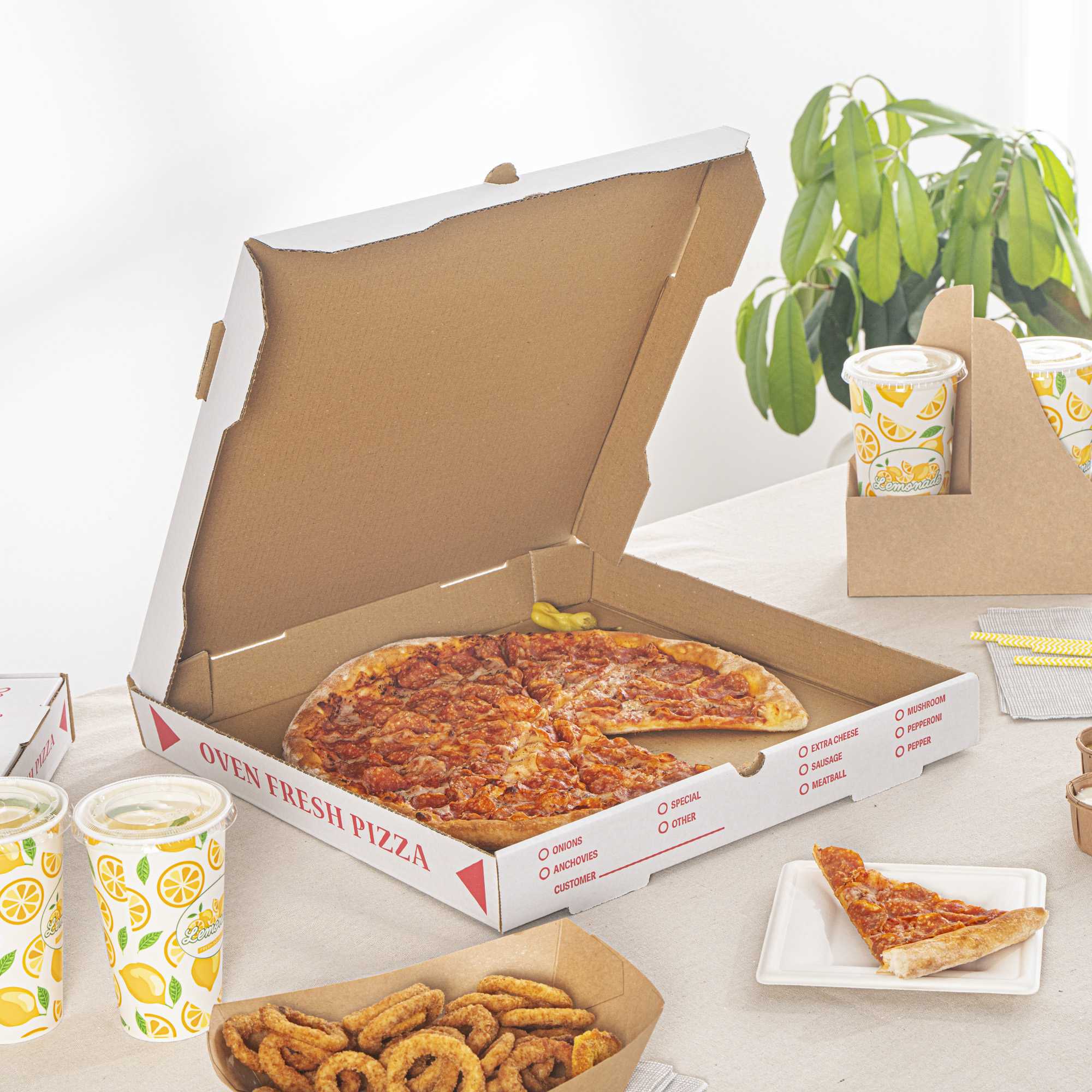 Pizzaly White and Red Corrugated Pizza Box - Pizzeria Doodle Print - 16" x 16" x 1 3/4" - 50 count box