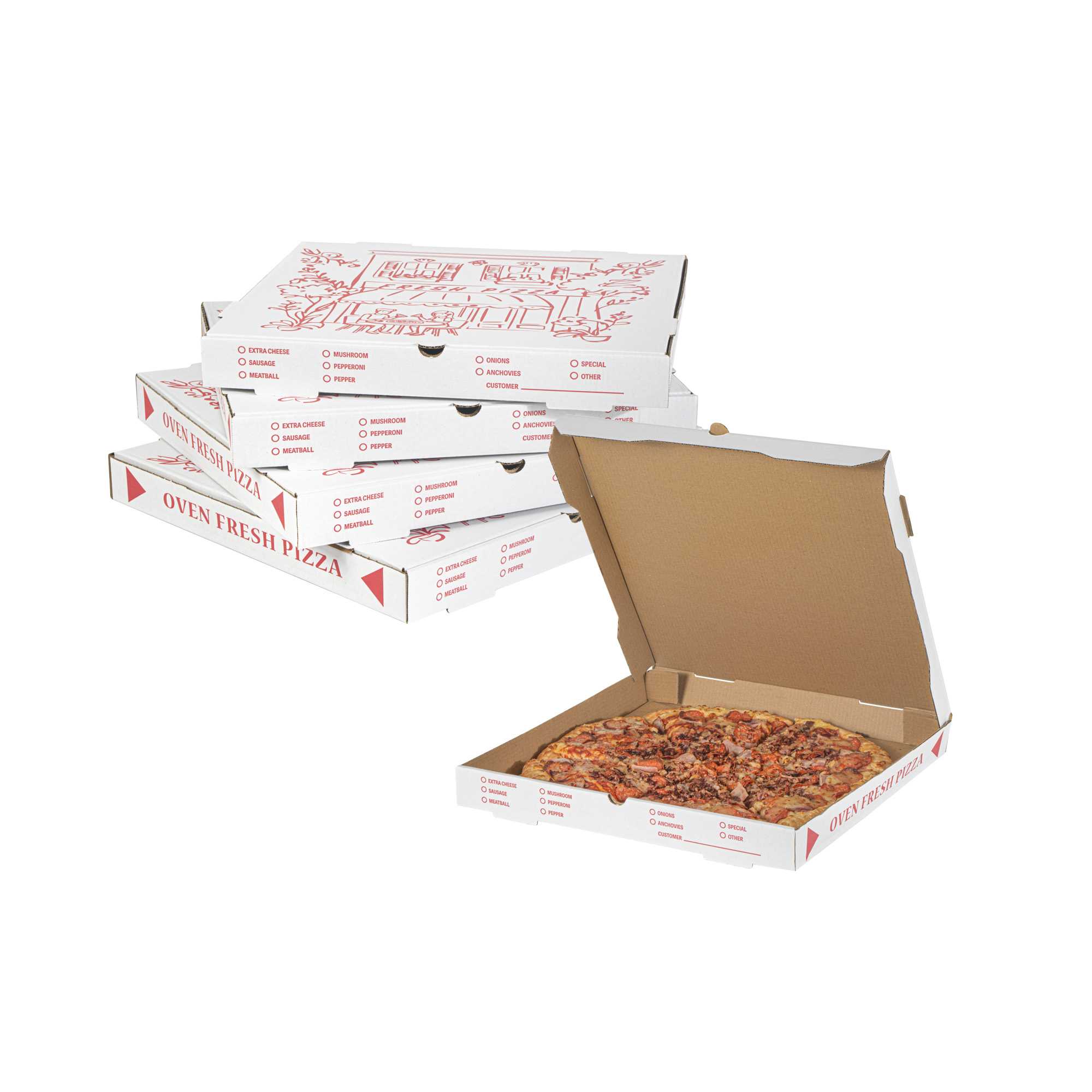 Pizzaly White and Red Corrugated Pizza Box - Pizzeria Doodle Print - 18" x 18" x 1 3/4" - 50 count box